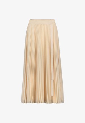 Plissé midi-rok van zachte beige stof. Heeft een gladde tailleband en een zijlintdetail. Vloeiend ontwerp met verticale plooien.