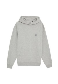 Felpa con cappuccio grigia chiara, maniche lunghe, tasca a marsupio frontale e piccolo logo sul petto.