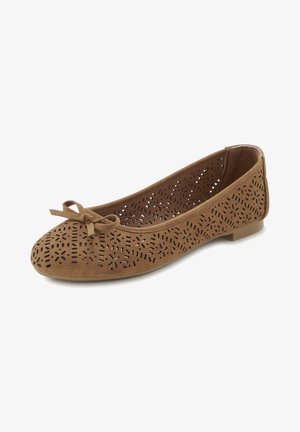 Brown perforated suede ballet flats with a round toe, bow detail on the front, and flat rubber sole. Intricate cut-out pattern throughout.