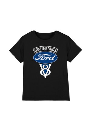 Schwarzes T-Shirt mit kurzen Ärmeln und weiß-blauem "Genuine Parts Ford V8"-Logo mittig auf der Brust.