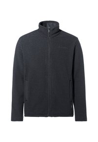 Donkergrijze ritssluitingjack met een textuur in wafelpatroon. Beschikt over een staande kraag en twee zijzakken. Materiaal lijkt zacht en warm.