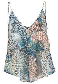 Top fluido sin mangas hecho de una tela ligera y transparente que presenta un diseño de estampado animal multicolor en tonos azules, marrones y blancos.