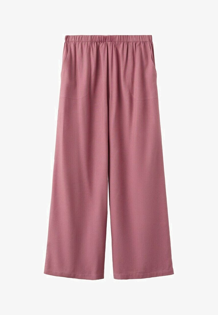 Wide-leg mauve pants with an elastic waistband and front patch pockets, made from soft, flowy fabric for comfort.