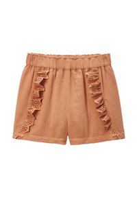 Shorts de couleur rouille en tissu léger avec un biais en dentelle volante sur les côtés et une taille élastique pour plus de confort.
