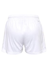 Pantalones cortos deportivos blancos con una cintura elástica, textura suave y un sutil detalle de logo en la parte trasera. Diseño liso con franjas laterales.