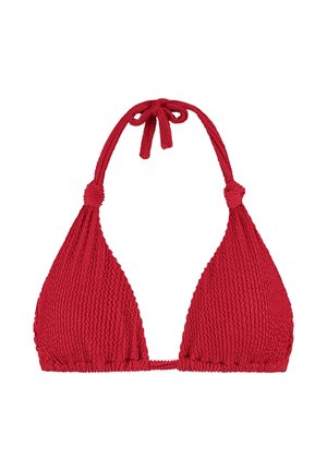 Rood textuurstof bikinibovenstuk met halternekkoord en verstelbare achterkantriem, met geknoopte details op de bandjes.