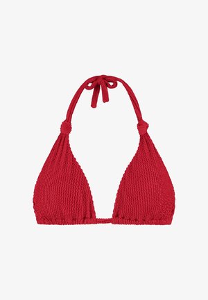 Czerwony bikini top z teksturowanej tkaniny, z wiązaniem na szyi typu halter oraz regulowanym paskiem z tyłu, z węzłowymi detalami na ramiączkach.