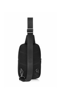 Czarna torba na ramię z siateczkową teksturą, regulowanym paskiem i dwiema zamykanymi na zamek przegrodami. Posiada metalowe akcesoria i smukły design.