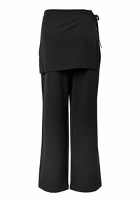 Pantalon noir à jambes larges avec une jupe superposée. Tissu doux avec une texture lisse. Comprend un lien à la taille pour un ajustement réglable.