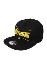 Black baseball cap with yellow embroidered "DORTMUND DO" text. Features a flat brim and ventilation eyelets. Standard adjustable snapback style.