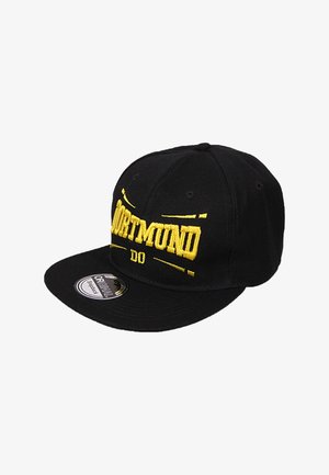 Schwarze Baseballmütze mit gelb gesticktem "DORTMUND DO"-Text. Verfügt über einen flachen Schirm und Belüftungsöffnungen. Standardmäßiger verstellbarer Snapback-Stil.