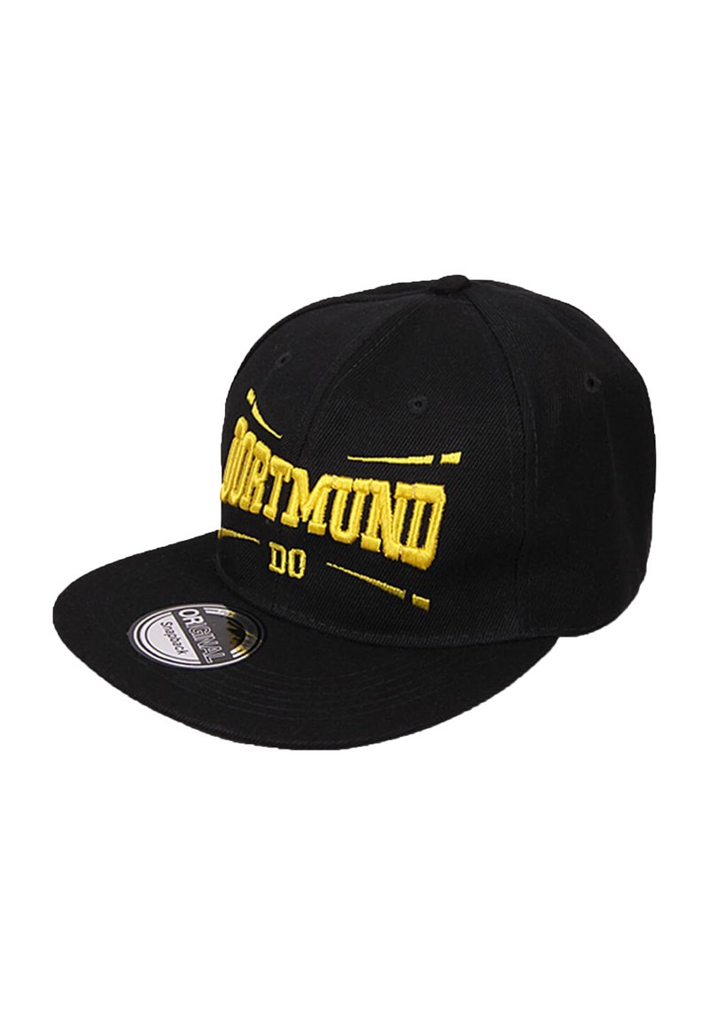 Black baseball cap with yellow embroidered "DORTMUND DO" text. Features a flat brim and ventilation eyelets. Standard adjustable snapback style.