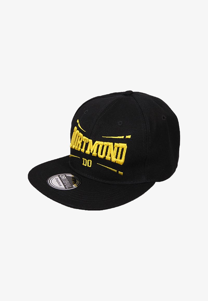 Schwarze Baseballmütze mit gelb gesticktem "DORTMUND DO"-Text. Verfügt über einen flachen Schirm und Belüftungsöffnungen. Standardmäßiger verstellbarer Snapback-Stil.