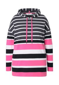 Felpa a righe con colori nero, bianco e rosa, cappuccio con coulisse e maniche lunghe. Realizzata in tessuto leggero con vestibilità comoda.