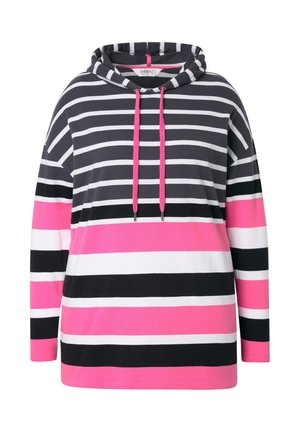 Gestreepte hoodie met zwart, wit en roze kleuren, trekkoordkap en lange mouwen. Gemaakt van lichtgewicht stof met een ontspannen pasvorm.