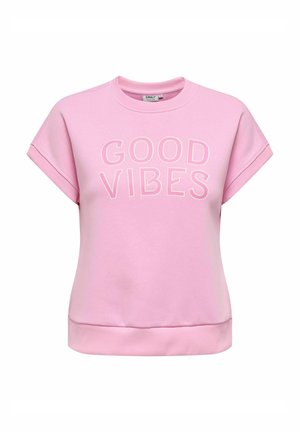 Lichtroze sweatshirt met korte mouwen, ribgebreide halslijn en onderrand. Voorzien van de tekst "GOOD VIBES" in contrasterend witte lettertype over de voorkant.