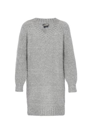 Graues gestricktes Sweatkleid mit V-Ausschnitt, langen Ärmeln und gerippten Säumen. Weiche Textur, oversized Passform, geeignet für Freizeitmode.