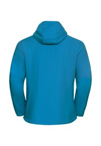 Giacca con cappuccio di un vivace teal, realizzata in tessuto leggero e liscio. Presenta maniche lunghe e un orlo dritto. Design minimalista, senza motivi.