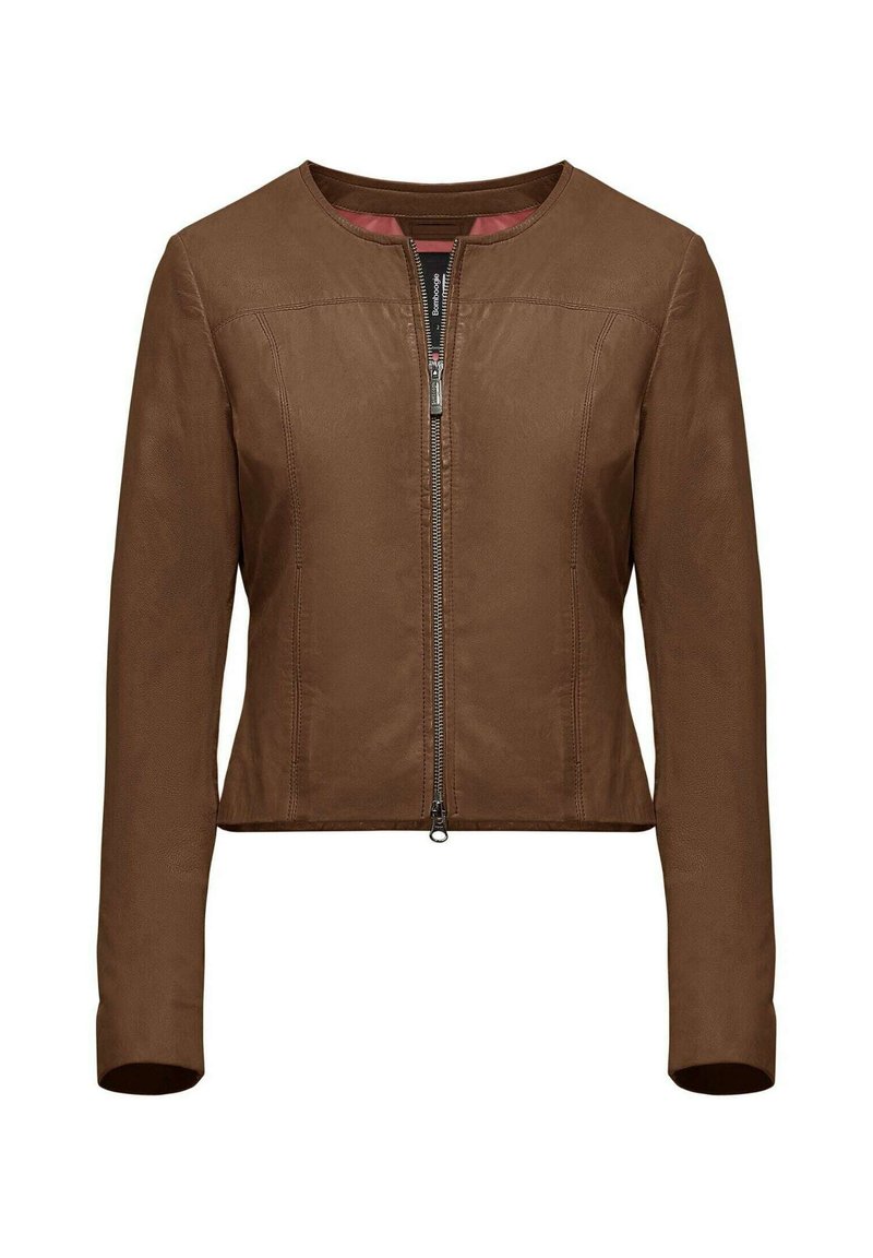 Giacca di pelle marrone con scollo rotondo, zip frontale e maniche lunghe. Presenta un design aderente e una superficie liscia.