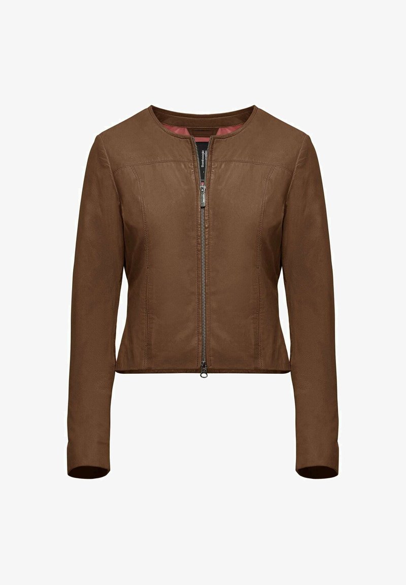 Giacca di pelle marrone con scollo rotondo, zip frontale e maniche lunghe. Presenta un design aderente e una superficie liscia.