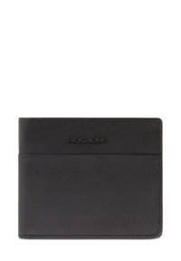 Portafoglio bifold in pelle nera con logo Piquadro stampato sul fronte, caratterizzato da una texture liscia e cuciture minime.