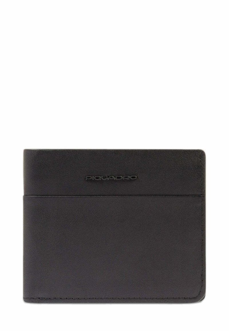 Portafoglio bifold in pelle nera con logo Piquadro stampato sul fronte, caratterizzato da una texture liscia e cuciture minime.