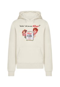Cream-colored hooded sweatshirt featuring a vintage Kellogg's Corn Flakes graphic with two children, alongside the text: "Mother!..did you say Kellogg's?"