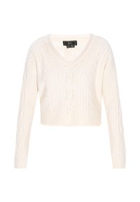 Weißer, gestrickter, cropped Pullover mit V-Ausschnitt und langen Ärmeln. Verfügt über ein Kabelstrickmuster und kleine, dekorative Perlen auf der Vorderseite.