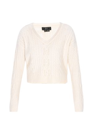 Suéter corto de punto blanco con escote en V y mangas largas. Presenta patrones de punto trenzado y pequeñas perlas decorativas en la parte delantera.