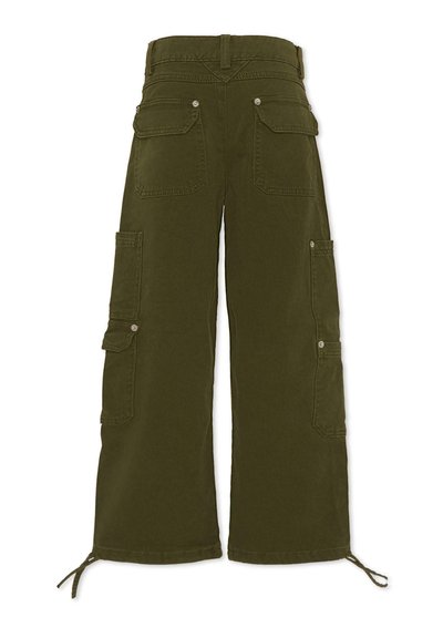 Pantaloni cargo verde oliva con gambe larghe, chiusura regolabile, tasche frontali e posteriori, e dettagli in metallo argentato. Tessuto twill con una superficie liscia.