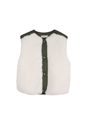 Veste sans manches blanche en fausse peau de mouton avec bordure vert foncé et fermeture par boutons à l'avant.
