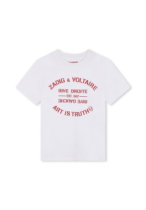 T-shirt en coton blanc avec une impression graphique circulaire rouge portant les textes « ZADIG & VOLTAIRE », « RIVE DROITE » et « L'ART EST LA VÉRITÉ ».