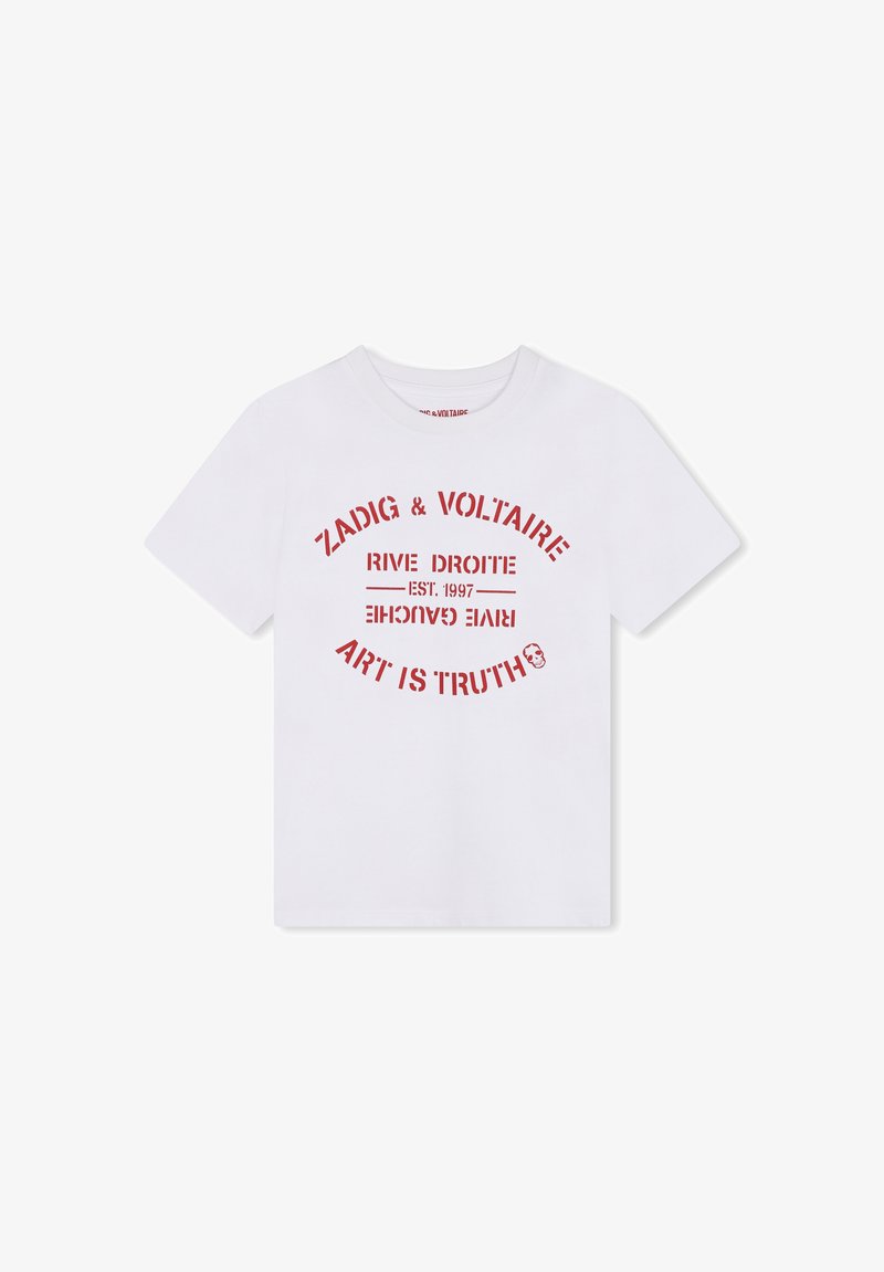 T-shirt en coton blanc avec une impression graphique circulaire rouge portant les textes « ZADIG & VOLTAIRE », « RIVE DROITE » et « L'ART EST LA VÉRITÉ ».
