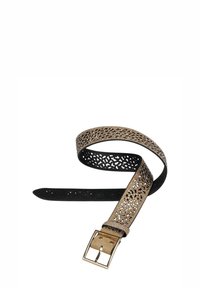 Cinturón de cuero con un diseño recortado en tono bronce, con un lado inferior negro y un hebilla rectangular de metal en tono dorado.