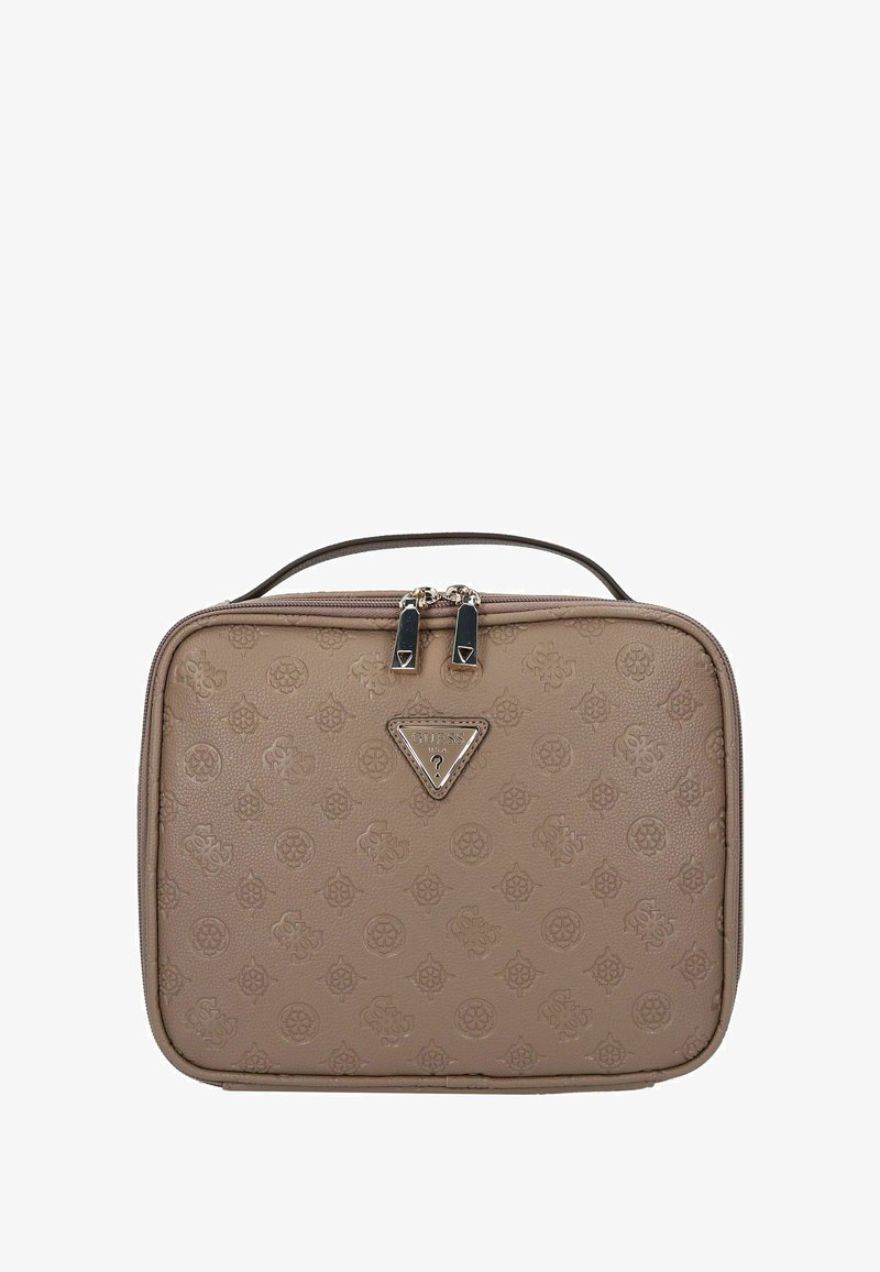 Borsa in pelle marrone con texture e motivo in rilievo, dotata di doppia cerniera e logo in metallo. Forma rettangolare compatta, manico resistente.