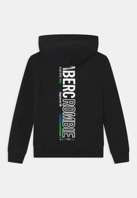 Sudadera negra con un gran texto gráfico blanco en la parte trasera, que presenta "ABERCROMBIE," acentuado con líneas azules y verdes. Material de mezcla de algodón.