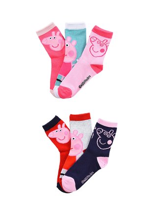 Sechs bunte Kindersocken mit Peppa Pig-Charakterdesigns in Pink, Rot, Blau und Marineblau, angeordnet in zwei überlappenden Gruppen.