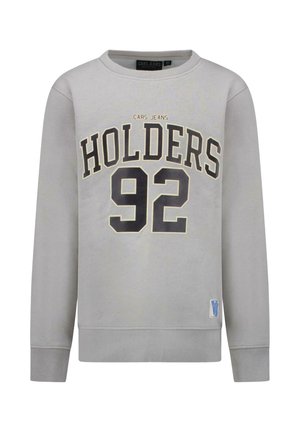 Lichtgrijze trui met "CARS JEANS HOLDERS 92" bedrukt in grote zwarte letters en cijfers op de voorkant, geribbelde boorden en zoom.
