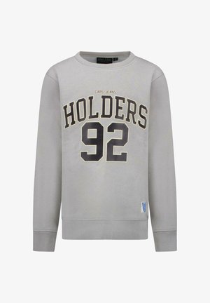 Lichtgrijze trui met "CARS JEANS HOLDERS 92" bedrukt in grote zwarte letters en cijfers op de voorkant, geribbelde boorden en zoom.