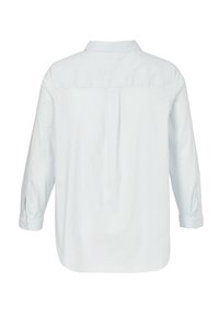 Lichtblauw en wit gestreepte blouse met een kraag, lange mouwen opgerold bij de manchetten, en een rugplooi voor extra beweging en comfort.