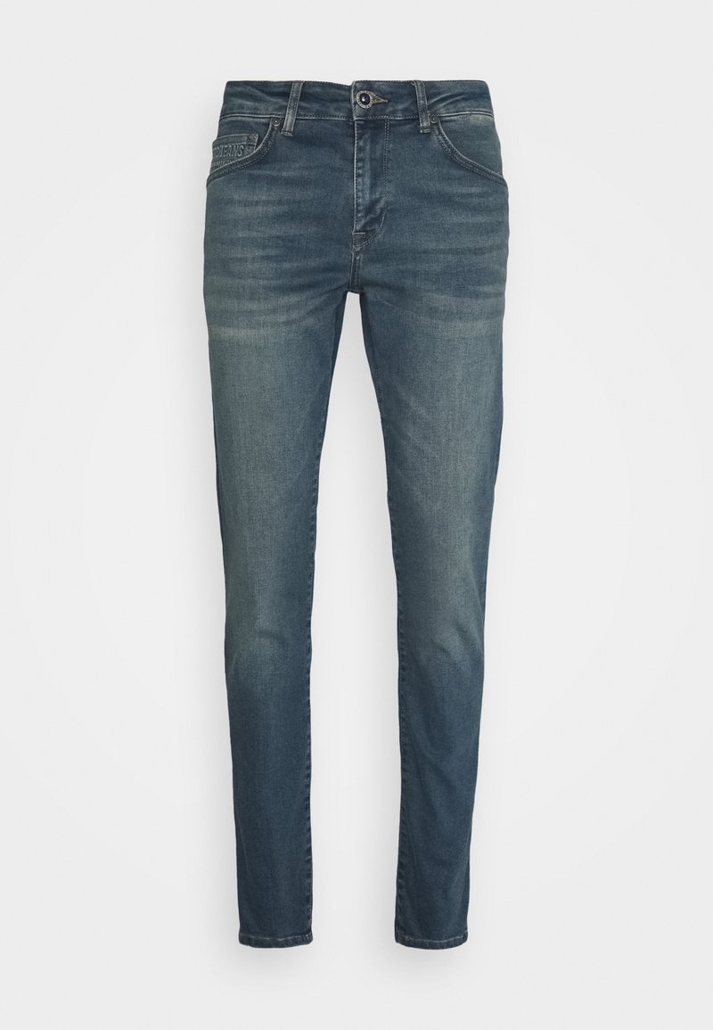 Dark blue denim jeans with a slim fit, featuring five pockets, a zip fly, and a subtle faded pattern. Made from cotton blend fabric.