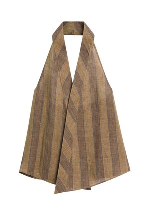 Haut sans manches à rayures marron et beige avec un col licou, de larges panneaux avant superposés et un tissu texturé semblable au lin.