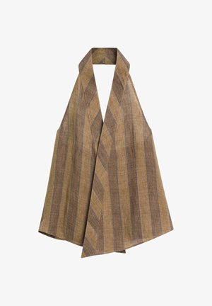 Braun-beiges ärmelloses Top mit Halterhals, breiten, sich überlappenden Vorderseiten und einer strukturierten, leinenähnlichen Stoffstruktur.