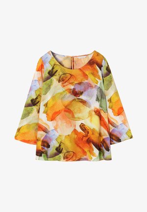 Zračna tunika z vodcolor načinom cvetnega vzorca v oranžnih, rumenih, zelenih in modrih odtenkih. Okrogla izrezana ovratnika in rokavi do tri četrtine.