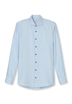 Light blue long-sleeve dress shirt with dark blue grid pattern and dark buttons, classic collar, and single-button cuffs.