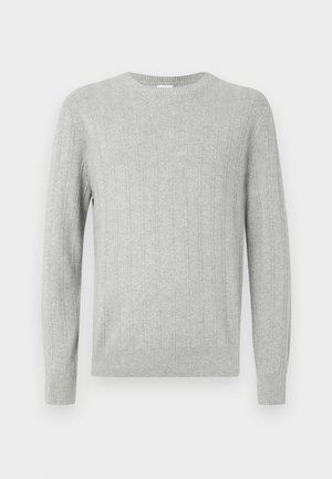 Light gray knitted sweater with ribbed texture, crew neckline, and long sleeves. Simple design, featuring a straight hem and durable material.