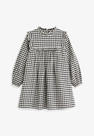 Robe à manches longues en vichy noir et blanc avec col volanté et détails sur la poitrine, poignets élastiques et taille cintrée pour une jupe évasée.