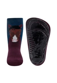 Skarpety w wzór z koniem w ciemnoniebieskim kolorze, z bordowym korpusem i teksturowaną czarną podeszwą dla lepszej przyczepności.