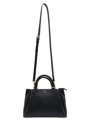 Sac à main en cuir noir avec une forme structurée, finition texturée, poignées courtes, bandoulière réglable et accents en métal doré.