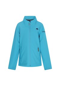 Giacca softshell blu con colletto alto, chiusura frontale con zip, due tasche laterali e logo dell'ombrello sul petto e sulla manica.